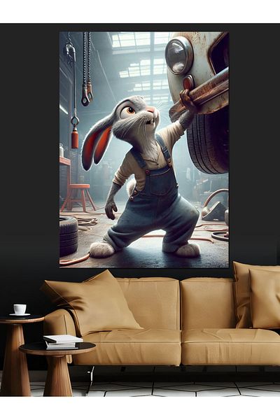 Tablomega Rabbit Repairing a Car in the Industry Decorative Canvas - Mdf Wooden Painting