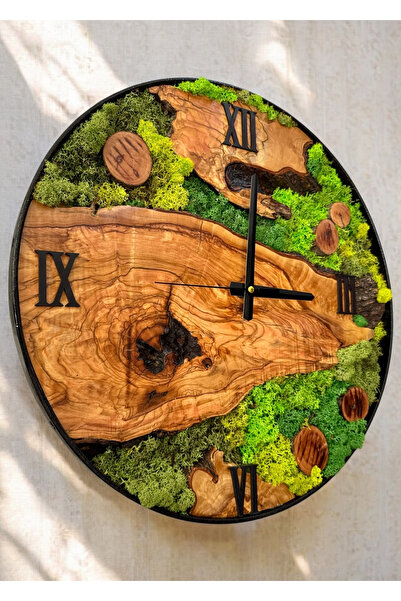 ESİ WOOD ART 30 سم - ساعة حائط مصنوعة يدويًا من الطحلب ديكور طبيعي وريفي، ساع...