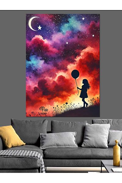 Tablomega Children's Decorative Canvas with Starry Night and Balloons - Mdf Wooden Painting