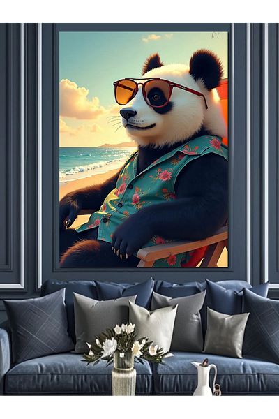 Tablomega Panda with Glasses on the Beach Decorative Canvas - Mdf Wooden Painting