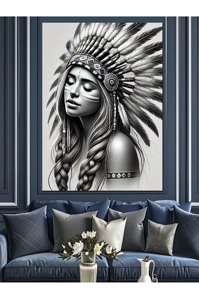 Tablomega Native American Woman and Traditional Motifs Decorative Canvas - Mdf Wooden Painting