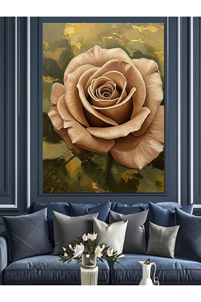 Tablomega Beige Rose Flower Decorative Canvas - Mdf Wooden Table