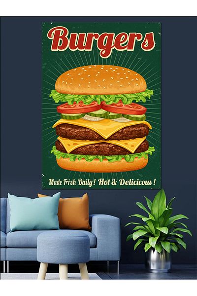 Tablomega Retro Burger Poster Decorative Canvas - Mdf Wooden Painting