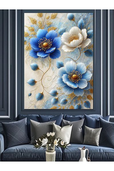 Tablomega Blue Flowers and Gold Touch Decorative Canvas - Mdf Wooden Painting