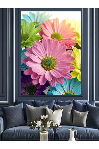 Tablomega Colorful Daisies and Spring Feeling Decorative Canvas - Mdf Wooden Painting