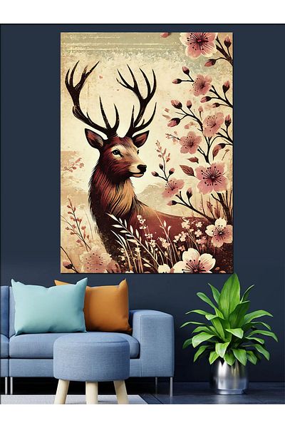 Tablomega Floral Deer Portrait Decorative Canvas - Mdf Wood Table