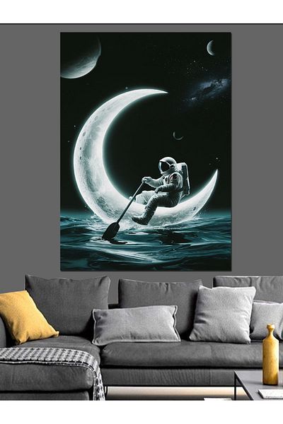 Tablomega Astronaut Rowing on the Moon Decorative Canvas - Mdf Wooden Painting