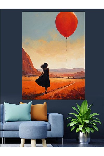 Tablomega Red Flying Balloon and Women Decorative Canvas - Mdf Wooden Painting