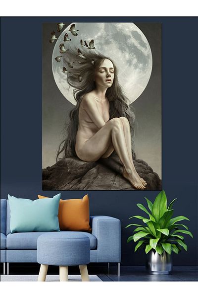 Tablomega Nude Woman and Birds in Moonlight Decorative Canvas - Mdf Wooden Painting