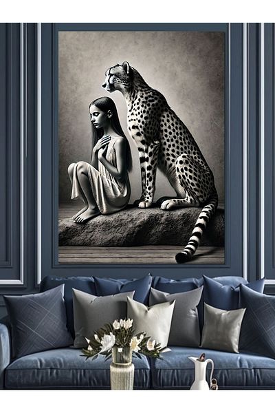 Tablomega Pânză decorativă Leopard și Siluetă Femeie - Lemn MDF