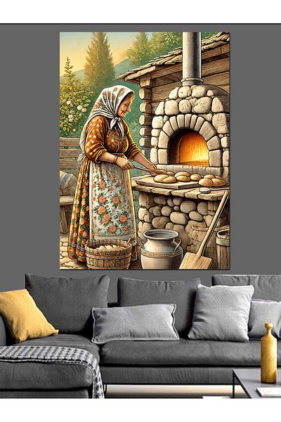 Tablomega Wooden Furnace and Old Lady Decorative Canvas - Mdf Wooden Painting
