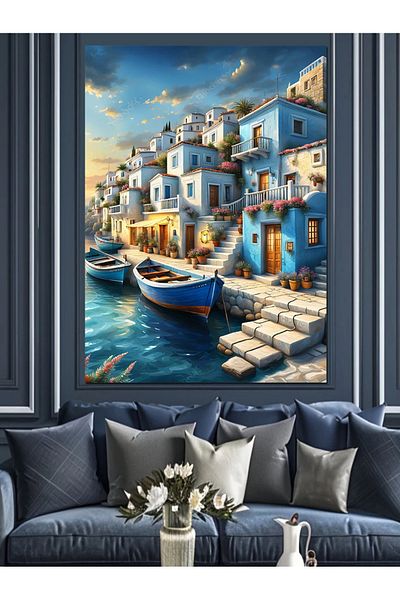 Tablomega Pink Floral Houses and Boats Decorative Canvas - Mdf Wooden Painting