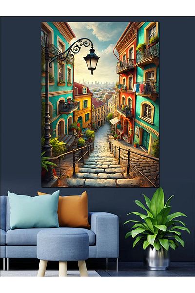 Tablomega Pânză decorativă colorată de stradă și aer mediteranean - pictură din lemn MDF