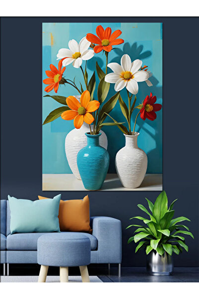 KanvasSepeti Flori albe în vază Pictură decorativă în ulei Texturată Pânză de...