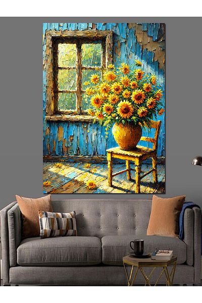 Tablomega Διακοσμητικός καμβάς Blue Wooden Room and Sun Flowers - Ξύλινος πίνακας MDF