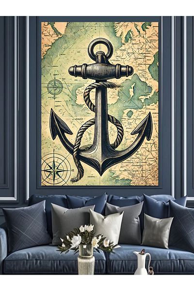 Tablomega Anchor and Sea Theme Map Decorative Canvas - Mdf Wooden Painting