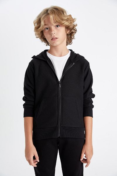 DeFacto Boy's Basic Plain Black Hooded School Cardigan with Zipper Pockets 3124272