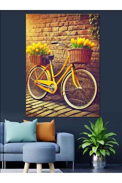 Tablomega Bicycle and Flowers Decorative Canvas with Yellow Basket - Mdf Wooden Painting