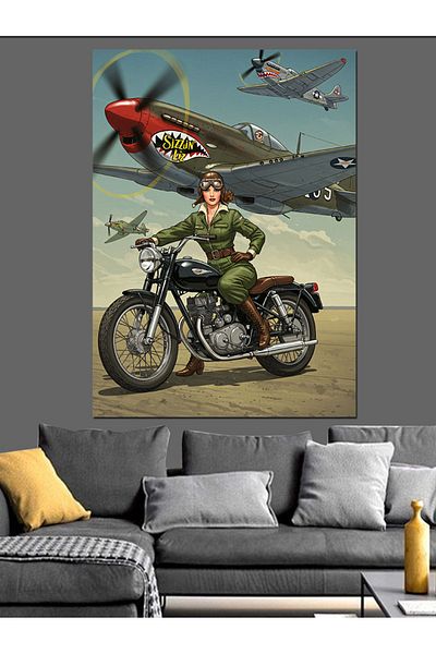 Tablomega Canvas Decorativ pentru Avion de Luptă și Motocicletă - Lemn MDF