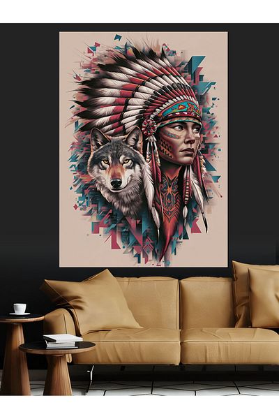 Tablomega Native American and Wolf Decorative Canvas - Mdf Wooden Painting