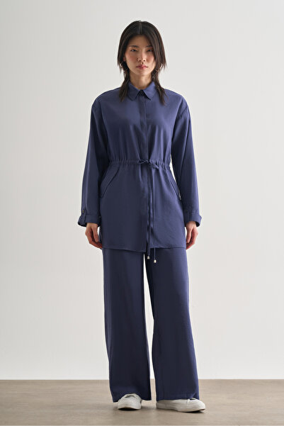 Mizalle Çift Cepli Beli İp Büzgülü Modal İndigo Mavi Tunik