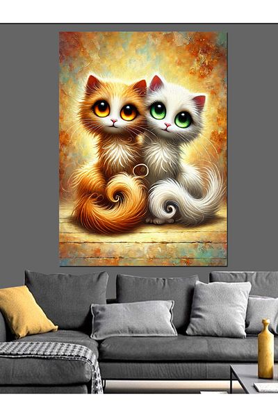 Tablomega Cute Cat Pair and Bright Eyes Decorative Canvas - Mdf Wooden Painting