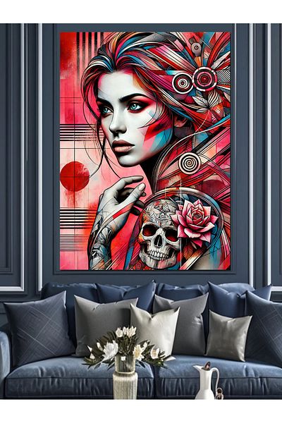 Tablomega Red and Blue Woman Decorative Canvas - Mdf Wooden Painting
