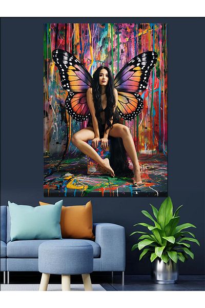 Tablomega Pânză decorativă pentru femei cu aripi de fluture - Lemn MDF