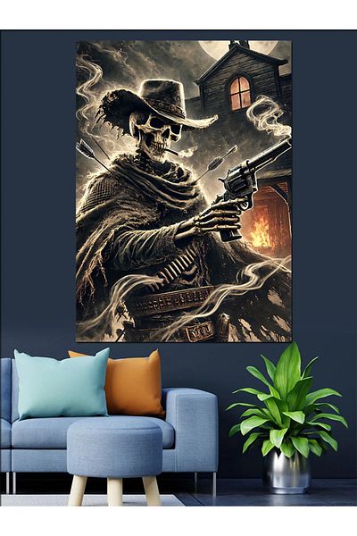 Tablomega Gothic Cowboy and Gloomy House Decorative Canvas - Mdf Wood Painting