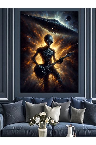 Tablomega Alien Playing Electric Guitar Decorative Canvas - Mdf Wooden Painting
