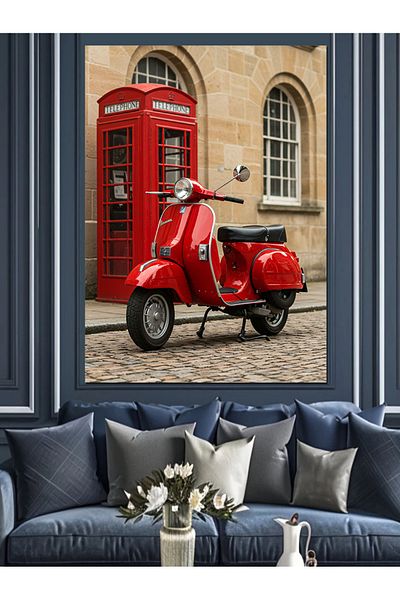 Tablomega Red Vespa and Telephone Booth Decorative Canvas - Mdf Wooden Painting