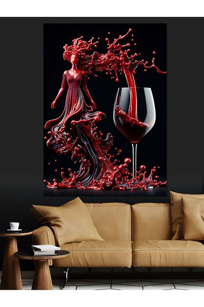 Tablomega Woman in Red Dress and Wine Decorative Canvas - Mdf Wooden Painting