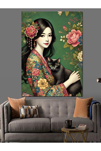 Tablomega Pânză decorativă japoneză cu pisică - Lemn MDF