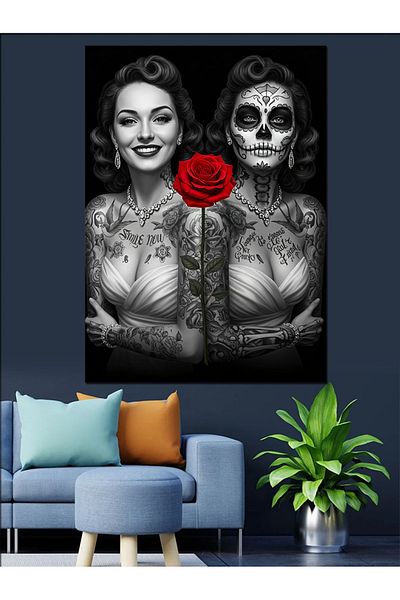 Tablomega Dark Woman with Rose Decorative Canvas - Mdf Wooden Painting