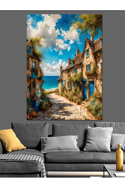 Tablomega Beach and Floral Houses Decorative Canvas - Mdf Wooden Painting