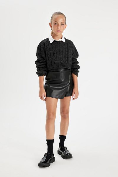 DeFacto Girl's Crop Crew Neck Hair Braided Knitwear Sweater C6934A824Au