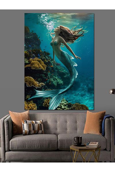 Tablomega Green Mermaid under the Sea Decorative Canvas - Mdf Wooden Painting