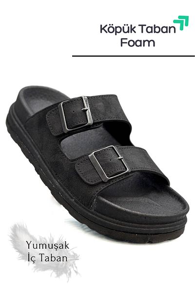 sermoda Μαύρες δερμάτινες ανδρικές παντόφλες με ρυθμιζόμενο πλάτος