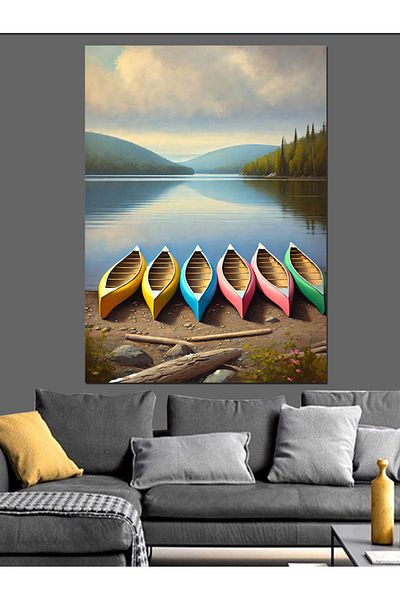 Tablomega Pânză decorativă cu barci colorate și peisaj lac - pictură din lemn MDF