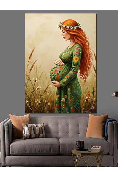 Tablomega Pregnant Woman and Flowers Decorative Canvas - Mdf Wooden Painting