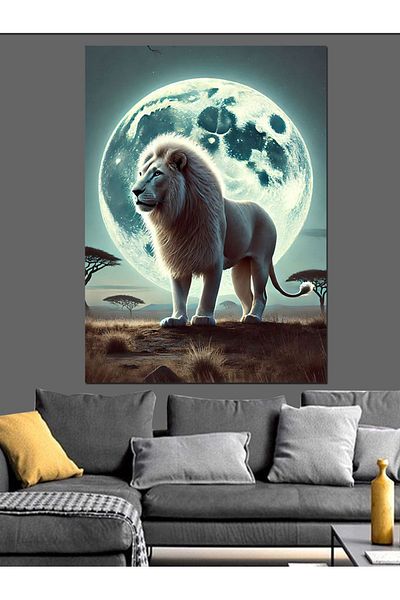 Tablomega Lion Alb în Lumină Lunii Pânză Decorativă - Lemn MDF