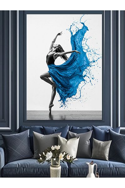 Tablomega Dancing Woman in Blue Dress Decorative Canvas - Mdf Wooden Painting
