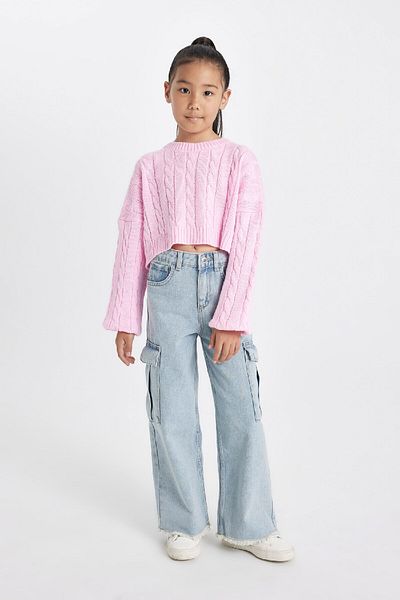 DeFacto Girl's Crop Crew Neck Hair Braided Knitwear Sweater C6934A824Au