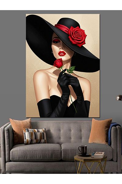 Tablomega Red Rose and Elegant Woman Decorative Canvas - Mdf Wooden Painting
