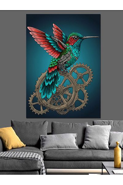 Tablomega Hummingbird and Gear Wheels Decorative Canvas - Mdf Wooden Painting