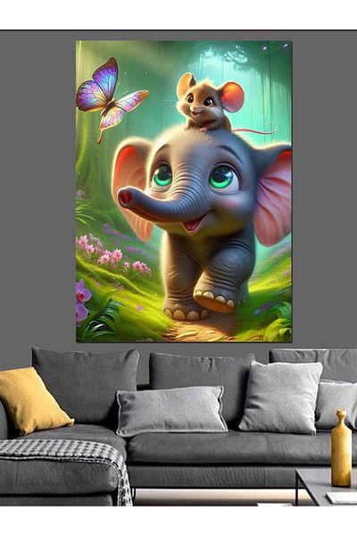 Tablomega Mouse and Butterfly on Elephant Back Decorative Canvas - Mdf Wooden Painting