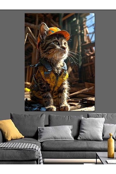 Tablomega Tired Builder Cat Wearing a Yellow Helmet Decorative Canvas - Mdf Wooden Painting
