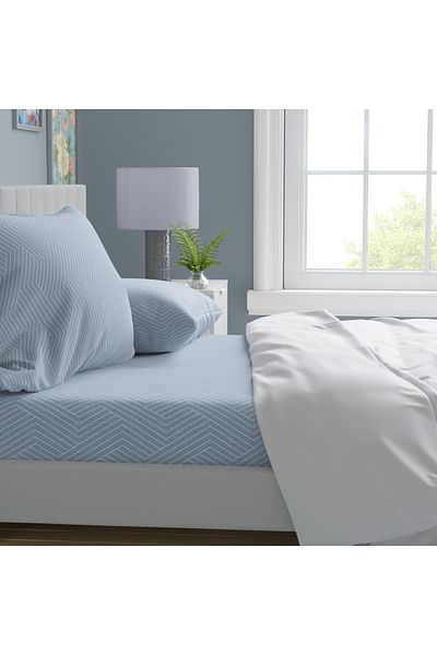 Leruum London Fitted Sheet Set Single Wide Blue Sheet 1 Pillowcase 100% Cotton Sheet with Gift