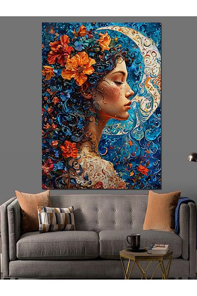 Tablomega Floral Woman and Moon Decorative Canvas - Mdf Wooden Painting