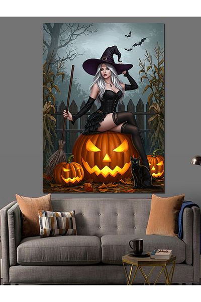 Tablomega Autumn Decorative Canvas with Witch and Pumpkin - Mdf Wooden Painting